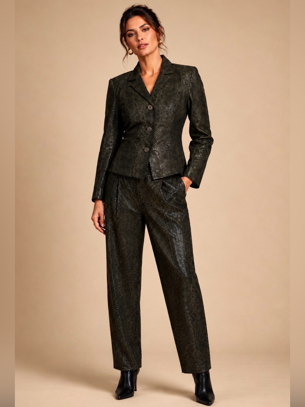 Danier Leather Olive Snake Print Women's Blazer and Pants Suit